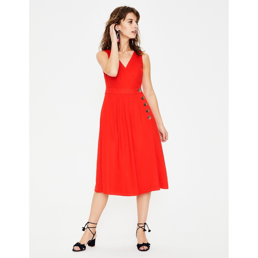 Boden Red Linen Blend Wrap Arwen Midi Dress Sleeveless Side Button Women Size 8